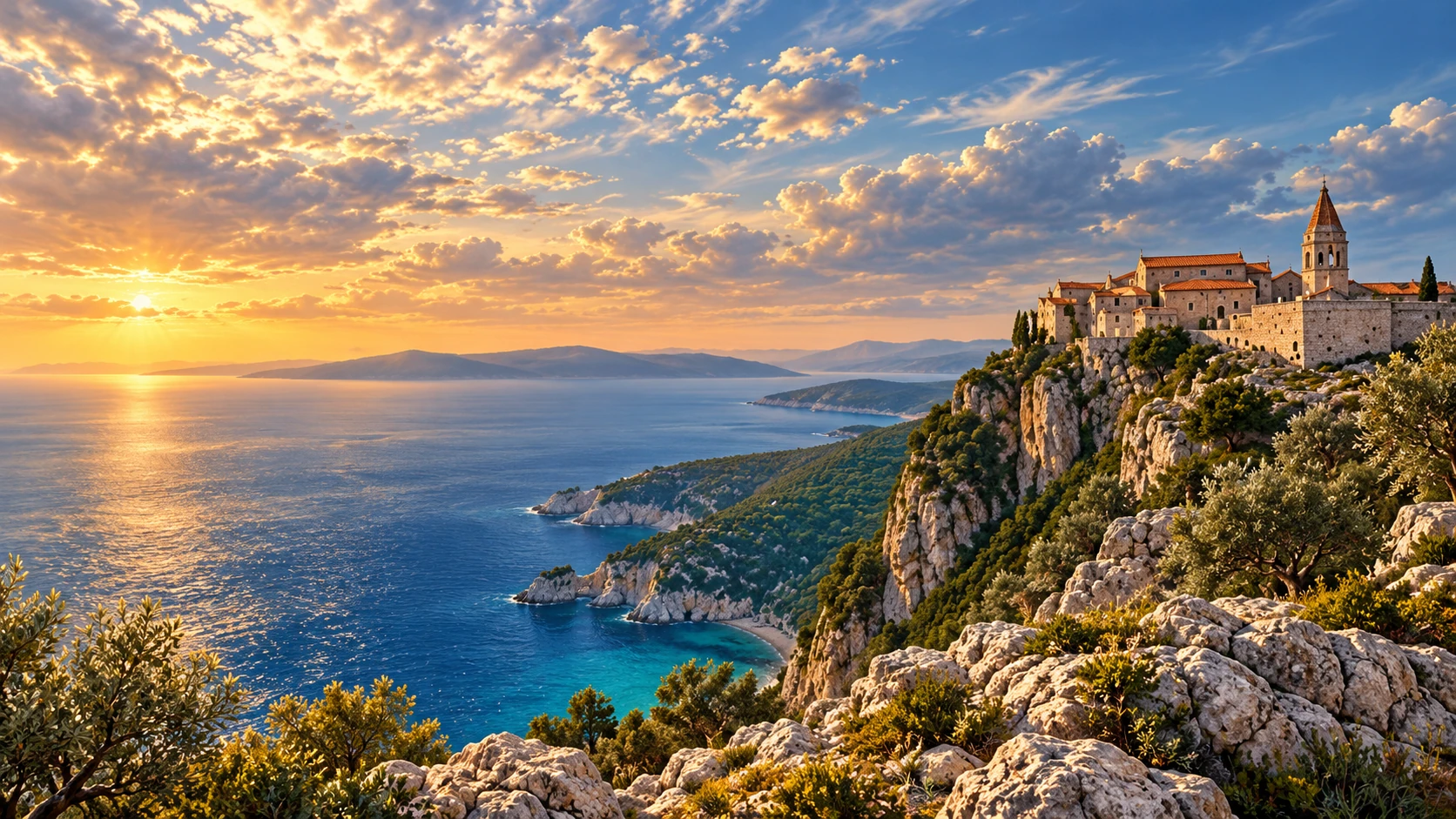 Cres.travel bespoke editorial art direction inspired by the island of Cres Editorial illustration inspired by stone village of Lubenice above the Adriatic on Cres island