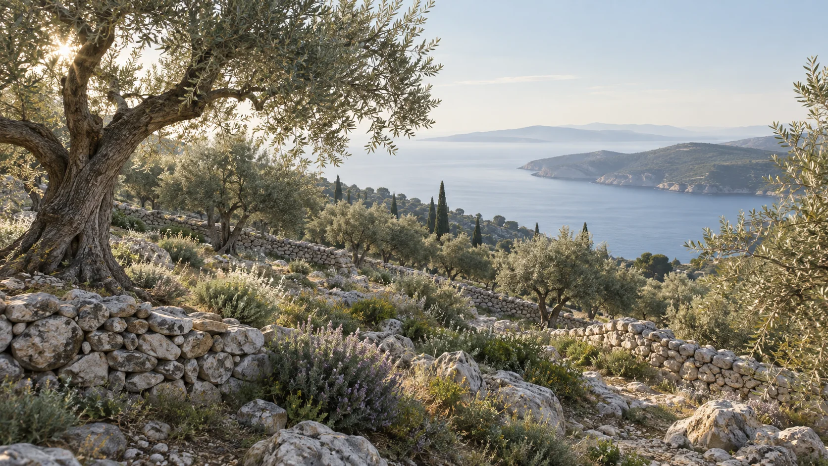 Editorial illustration inspired by olive terraces and stone walls on Cres